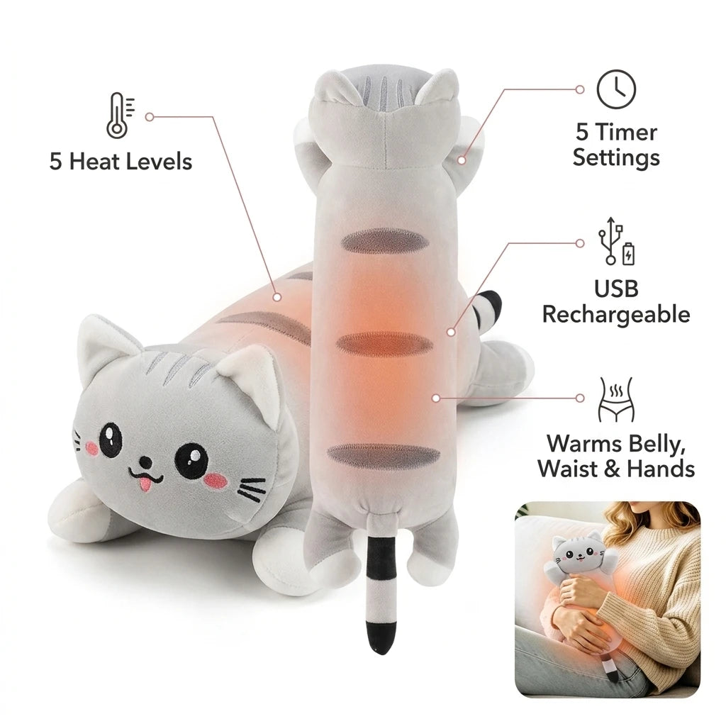 CuddleCat Heated Belly Pillow, a plush cat heating pillow, photo 1 of 19